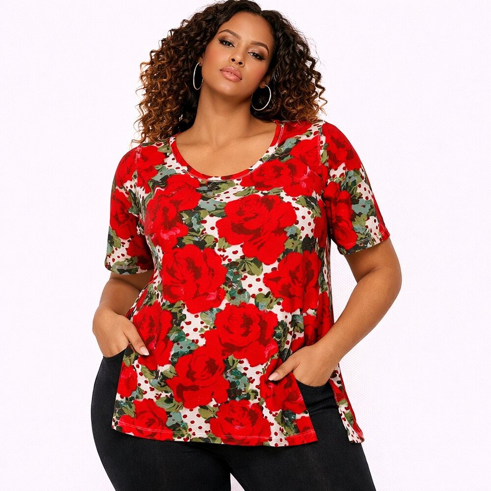 LuLaRoe Red Floral Print Short Sleeve Tunic Blouse Size Small